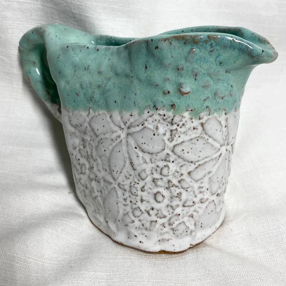 Signed Handmade Studio‎ Pottery Pitcher Aqua White Speckled Glaze Floral Texture